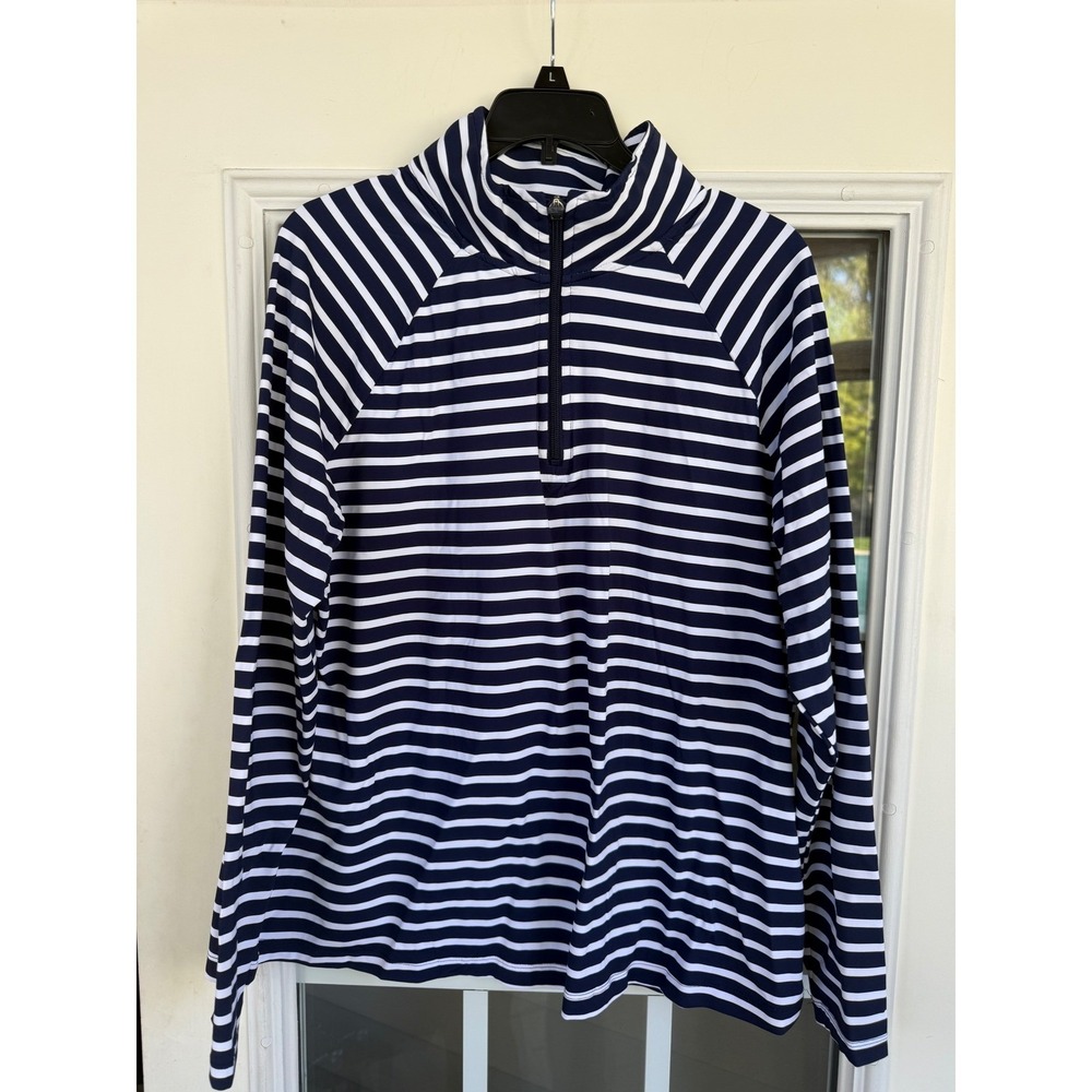Lands' End Women's Quarter Zip XL Rashguard navy White Stripe Swim Shirt